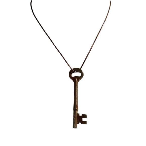 Skeleton Key Necklace Religious Jewelry Brown Faux Pendant Leather Cord #2 VTG - Picture 2 of 15